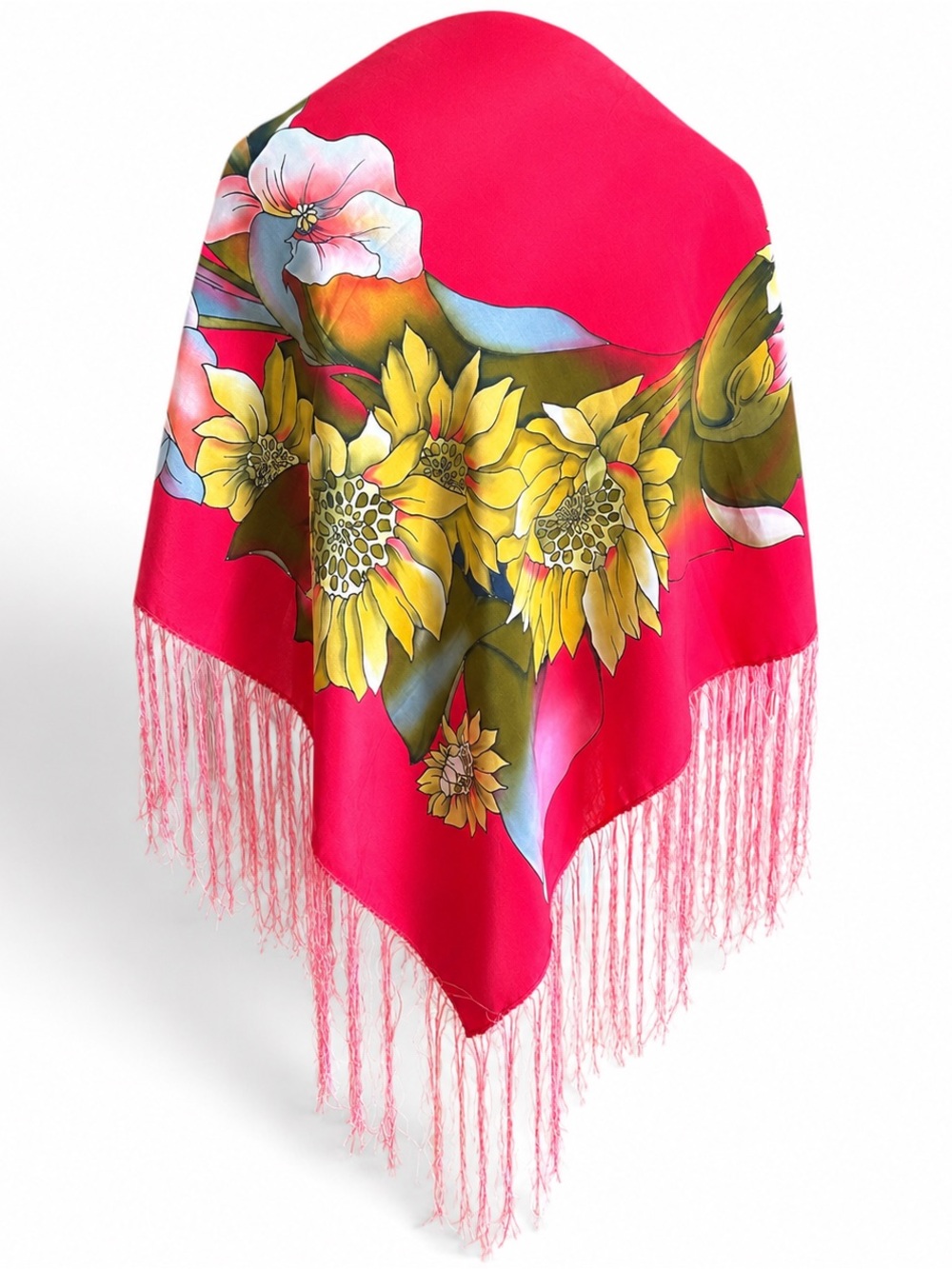 Vintage Hand Painted Silk Floral Scarf Shawl 1980s Moscow Red Sunflower